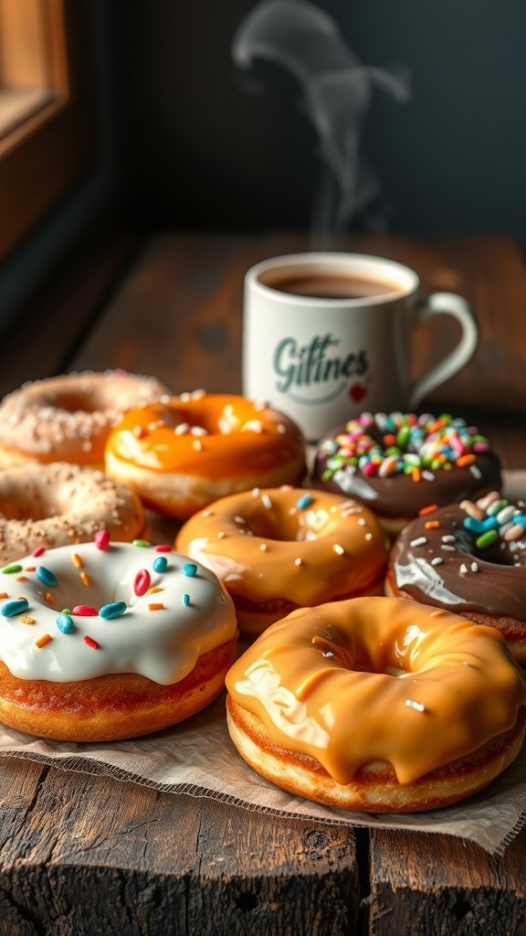 An assortment of colorful donuts with various toppings on a wooden table, accompanied by a cup of coffee.